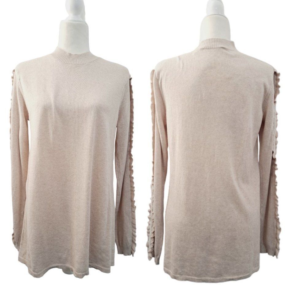 Soft Surroundings Women's Long Sleeve Pullover Knit Top Oatmeal Ruffle Detail M